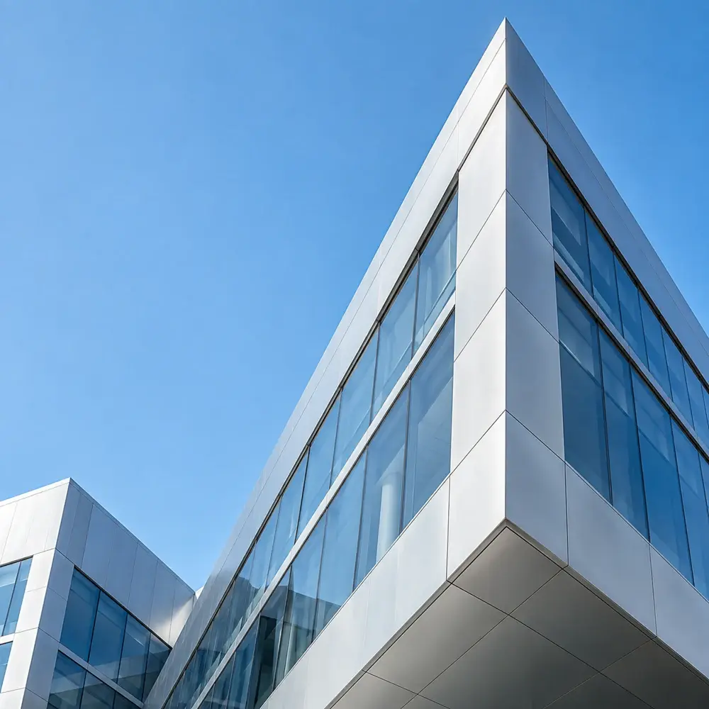 Silver architectural facade against a clear blue sky